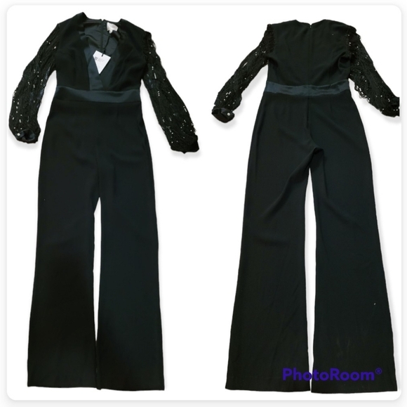 Galvan London Womens Infinity Embellished Mixed Media Black Jumpsuit - Picture 3 of 16